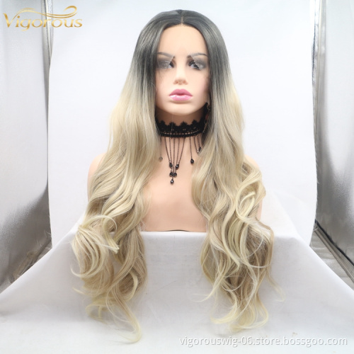 Vigorous ombre long premium high quality straight wholesale black women synthetic hair wigs with lace front
